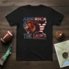 America The Lions t-shirt design with a roaring lion, American flag, and USA map graphic