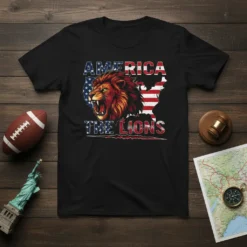 America The Lions t-shirt design with a roaring lion, American flag, and USA map graphic