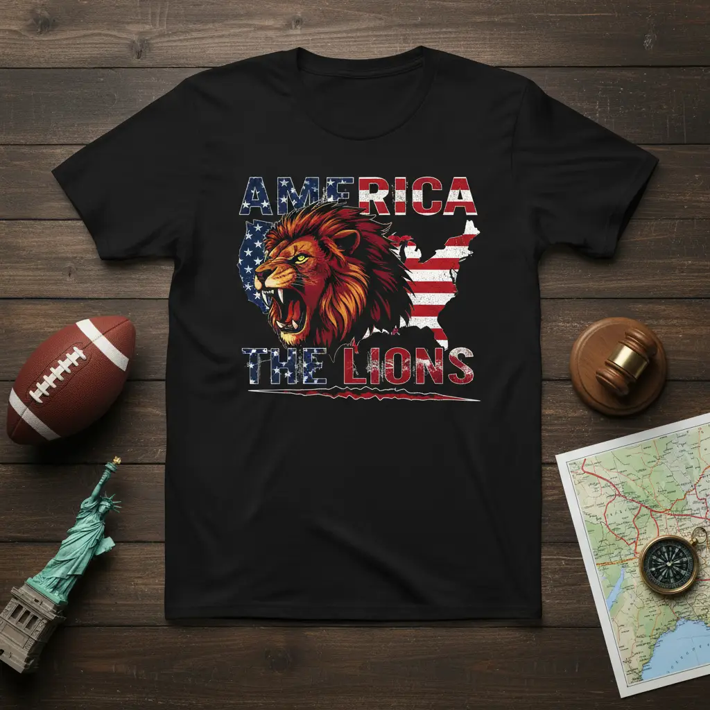 America The Lions patriotic t-shirt featuring a roaring lion, USA flag, and map graphic