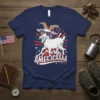 AMERICAAAA t-shirt design with a white goat wearing USA flag sunglasses and standing on mountains. The background has red and