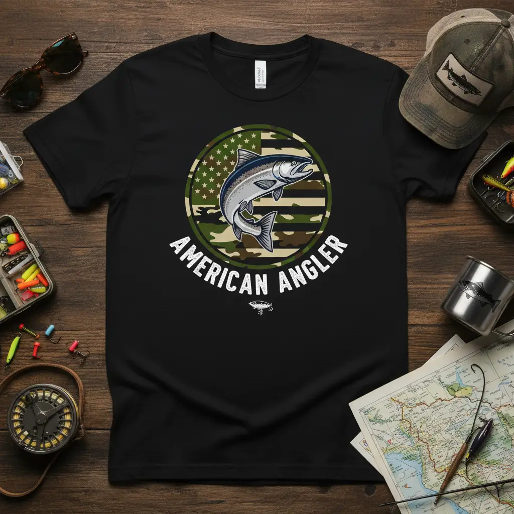 American Angler design featuring a salmon graphic with patriotic camouflage circle on a black tee