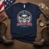 AMERICAN BONES text with a skull wearing a tricorn hat and crossed bones graphic on a navy blue t-shirt