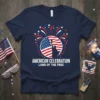 American Celebration Land of the Free t-shirt with Statue of Liberty and fireworks graphic. Patriotic USA theme