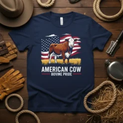 American Cow Bovine Pride t-shirt design featuring a cow in front of the American flag