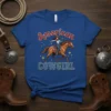 American Cowgirl T-Shirt design featuring a woman riding a horse with "American Cowgirl" text
