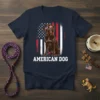 AMERICAN DOG t-shirt with a brown dog wearing sunglasses in front of a distressed American flag design