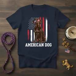 AMERICAN DOG t-shirt with a brown dog wearing sunglasses in front of a distressed American flag design