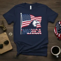 American Eagle America design with USA flag and eagle graphic on navy blue t-shirt