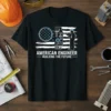 American Engineer Building The Future t-shirt design featuring an engineer silhouette against a distressed American flag graphic with gears and