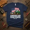 American Farm Power Est. 1776 t-shirt with a green tractor and American flag graphic