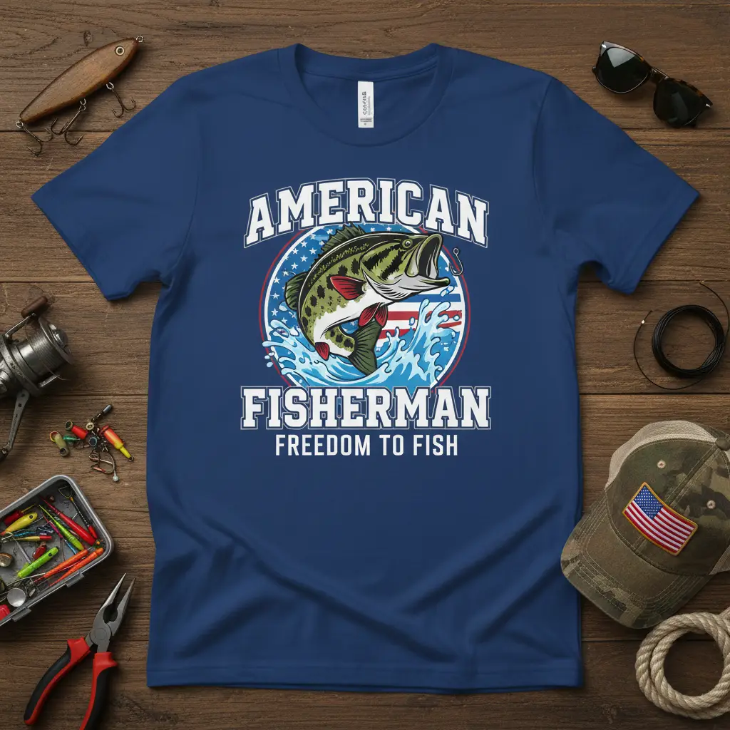 American Fisherman Freedom To Fish quote with bass jumping from water and US flag design on a blue t-shirt