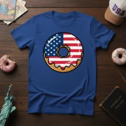 American flag donut graphic on a blue t-shirt, patriotic holiday apparel