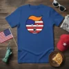 American Flag Face Tee with orange hair, depicted as a surprised emoji or cartoon character, on a blue t-shirt