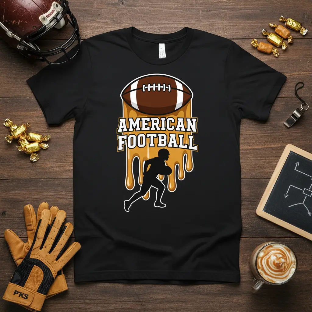 AMERICAN FOOTBALL text with a dripping effect and running player silhouette on a t-shirt
