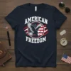 American Freedom t-shirt design with eagle and American flag graphic, bold white text
