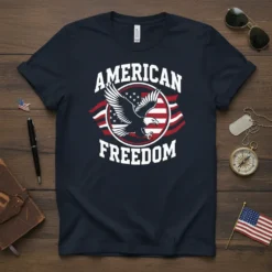 American Freedom t-shirt design with eagle and American flag graphic, bold white text