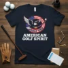Navy t-shirt with "AMERICAN GOLF SPIRIT" text and an eagle graphic with a golf club, featuring USA flag elements