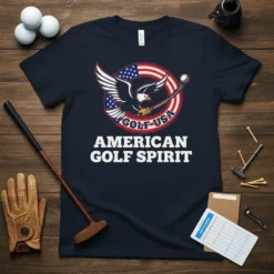Navy t-shirt with "AMERICAN GOLF SPIRIT" text and an eagle graphic with a golf club, featuring USA flag elements