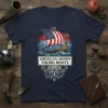 American Grown Viking Roots t-shirt featuring a Viking ship with an American flag and tree roots design
