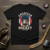 American Hockey Est. 1972 vintage t-shirt design with hockey helmet and American flag stripes