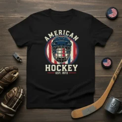 American Hockey Est. 1972 vintage t-shirt design with hockey helmet and American flag stripes