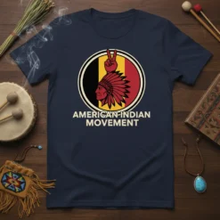 American Indian Movement T-Shirt with profile of a Native American man in headdress and peace sign
