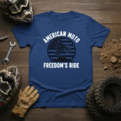 American Moto Freedom's Ride t-shirt with motocross rider and American flag graphic