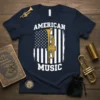 American Music t-shirt with a golden trumpet on an distressed American flag design