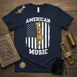American Music t-shirt with a golden trumpet on an distressed American flag design