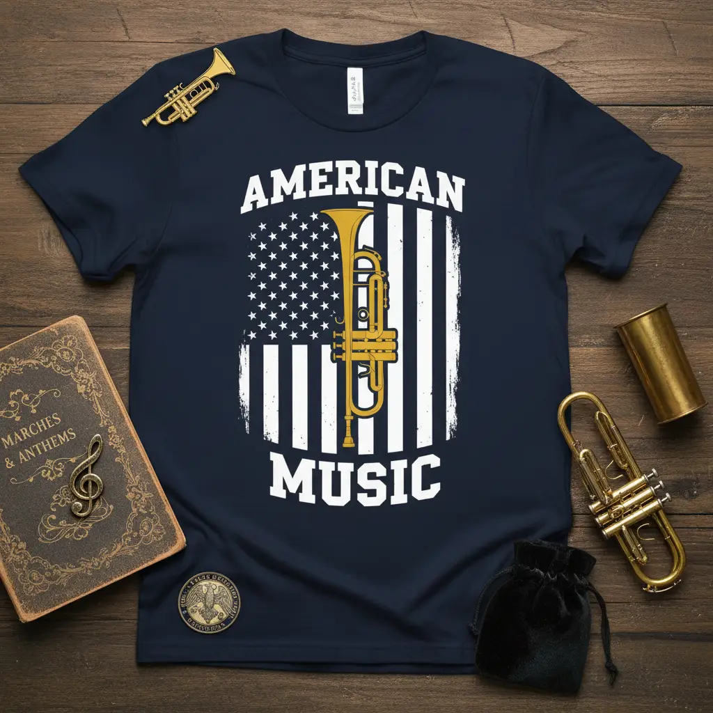 American Music trumpet flag design in white and gold on a navy blue t-shirt