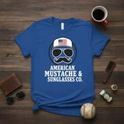 American Mustache & Sunglasses Co. T-Shirt with patriotic flag hat and aviator sunglasses graphic