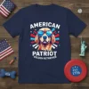 American Patriot Golden Retriever t-shirt design with a dog wearing sunglasses and patriotic stars and stripes graphic