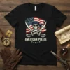 American Pirate Skull Flag T-Shirt with crossed swords and US flag design, featuring bold white text "AMERICAN PIRATE" and stars