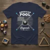 American Pool Legends EST. 1776 t-shirt design with crossed pool cues, 8-ball, and distressed American flag graphic