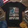 American Pride Built By Hands t-shirt design with a robotic arm, wrench, and American flag graphic