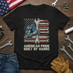 American Pride Built By Hands t-shirt design with a robotic arm, wrench, and American flag graphic
