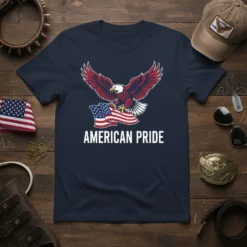 American Pride t-shirt design featuring a bald eagle holding the USA flag, with bold white text "AMERICAN PRIDE" below