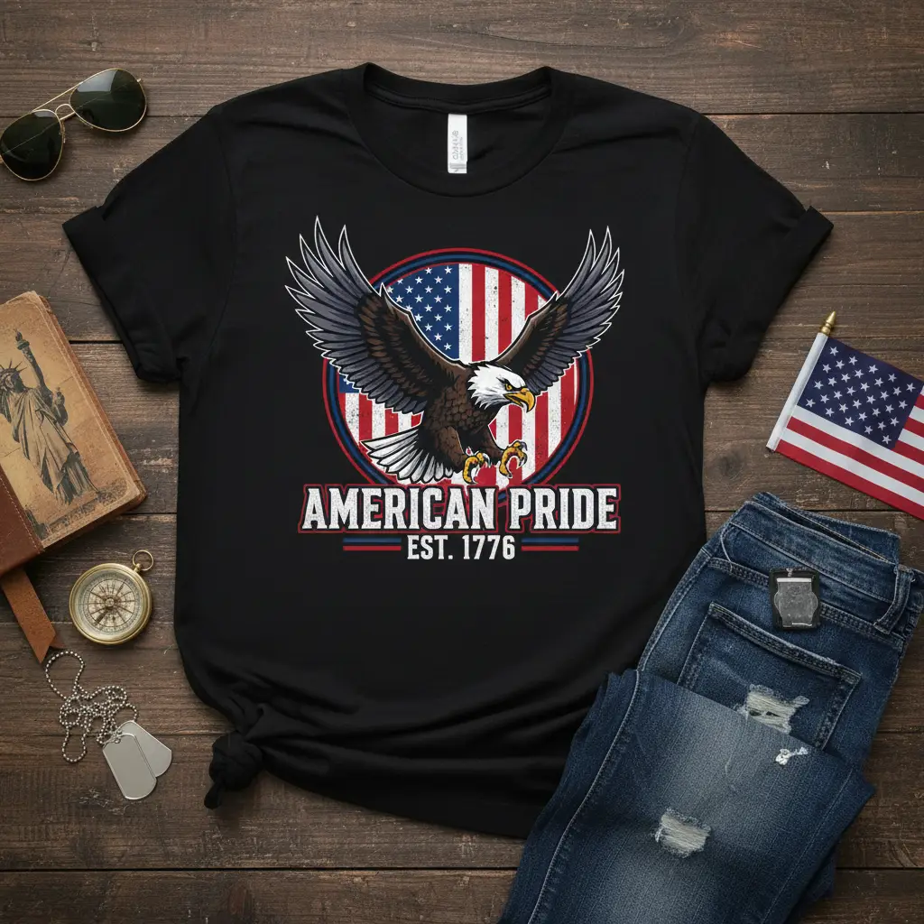 American Pride Est. 1776 quote with a detailed eagle graphic and US flag emblem