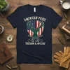 American Pride Freedom & Antlers t-shirt design featuring a deer silhouette, American flag shield, and crossed rifles, Est. 1776 text