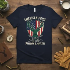 American Pride Freedom & Antlers t-shirt design featuring a deer silhouette, American flag shield, and crossed rifles, Est. 1776 text