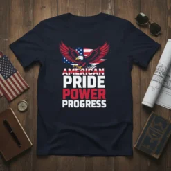 American Pride Power Progress t-shirt design with eagle and USA flag graphic. Patriotic text in bold font