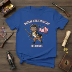 American Revolutionary Furs Freedom Paws t-shirt design with a cat in colonial attire holding the US flag and a musket
