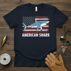 American Shark t-shirt design with a shark swimming across a distressed USA flag, white text below reads AMERICAN SHARK