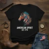 American Spirit Est. 1776 t-shirt with a horse head design featuring patriotic feathers and the founding year
