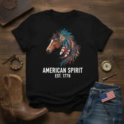 American Spirit Est. 1776 t-shirt with a horse head design featuring patriotic feathers and the founding year