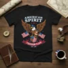 American Spirit Freedom Flier t-shirt with eagle, cat, and US flags. Patriotic USA theme with EST 1776 detail