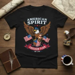 American Spirit Freedom Flier t-shirt with eagle, cat, and US flags. Patriotic USA theme with EST 1776 detail