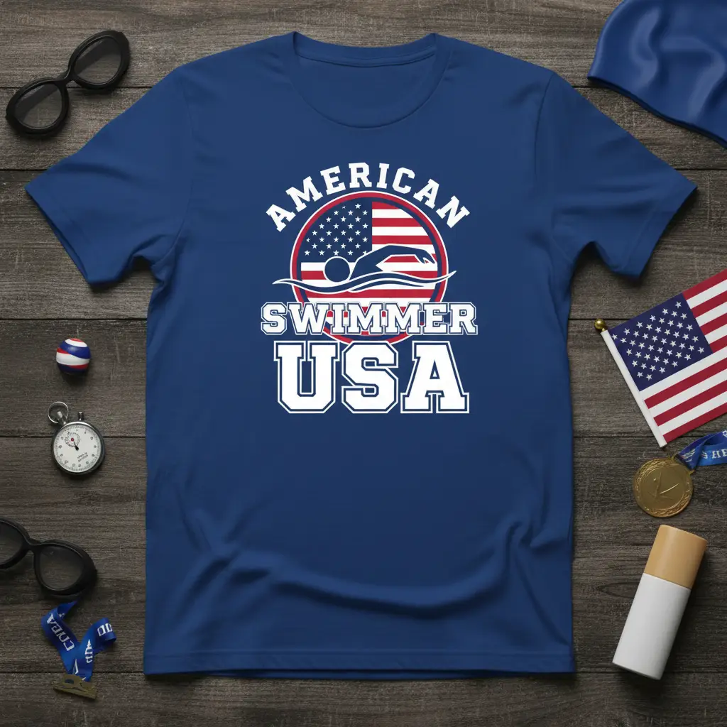 American Swimmer USA patriotic design with US flag and swimmer graphic on a blue t-shirt