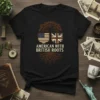 American With British Roots t-shirt design featuring a tree with US and UK flags and strong roots, symbolizing heritage