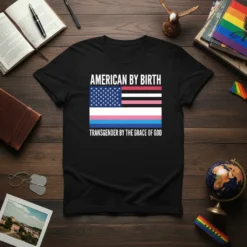 American flag merged with transgender flag, text "American By Birth Transgender By The Grace Of God" on a black t-shirt